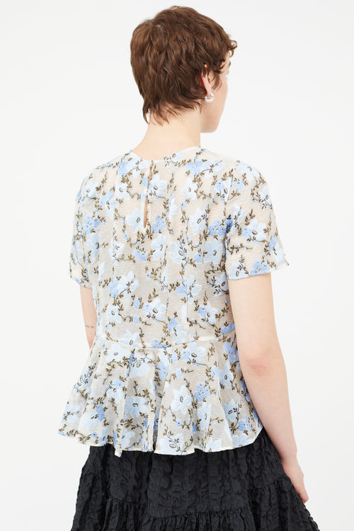 Alexander McQueen Blue Sheer Floral Peplum Blouse