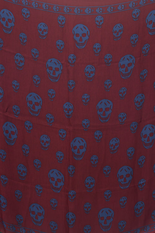 Alexander McQueen Burgundy 
Blue Silk Skull Scarf