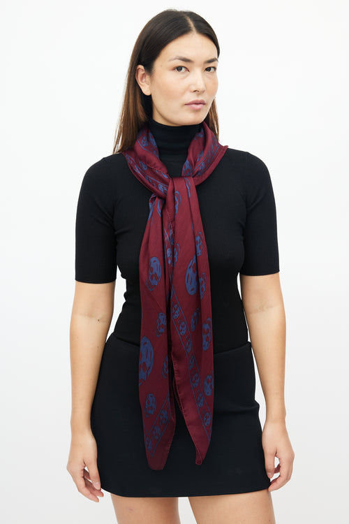 Alexander McQueen Burgundy 
Blue Silk Skull Scarf