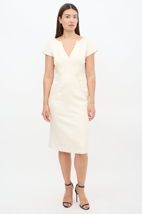 Alexander McQueen Cream Silk 
Wool Floral Jacquard Sheath Dress