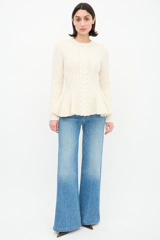 Alexander McQueen Cream Wool Flared Cable Knit Sweater