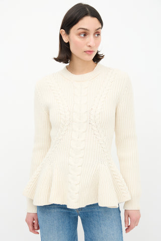 Alexander McQueen Cream Wool Flared Cable Knit Sweater