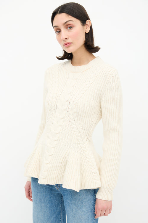 Alexander McQueen Cream Wool Flared Cable Knit Sweater