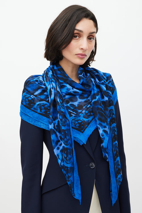 Alexander McQueen Blue 
Black Silk Skull Scarf