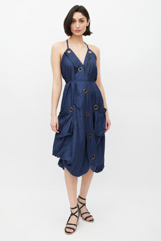 MCQ Navy 
Gold Silk Grommet Dress