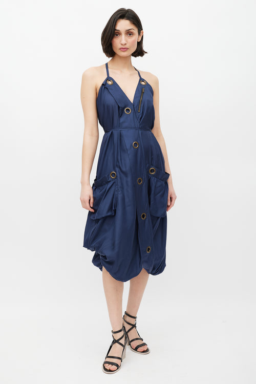 MCQ Navy 
Gold Silk Grommet Dress