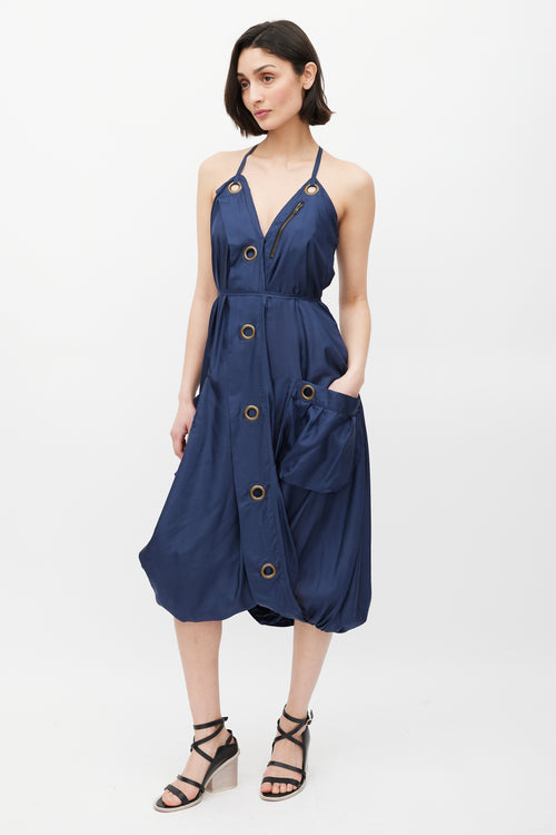 MCQ Navy 
Gold Silk Grommet Dress