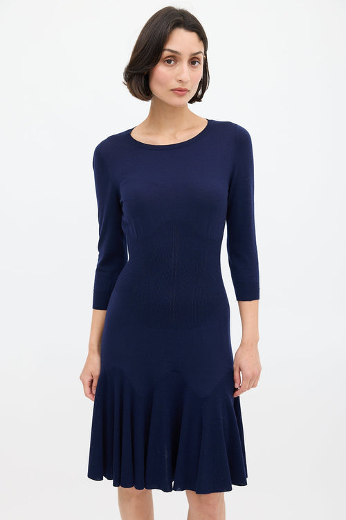 Alexander McQueen Navy Knit Cinched Waist Dress