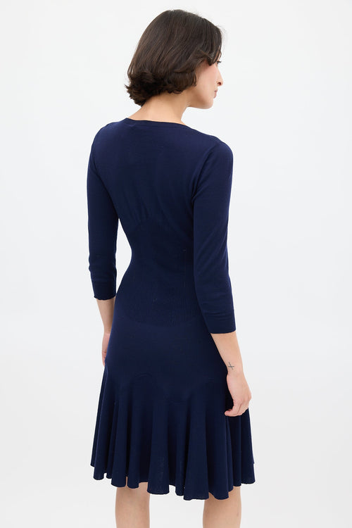 Alexander McQueen Navy Knit Cinched Waist Dress