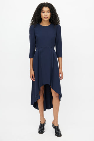 Alexander McQueen Navy Pleated Hi-Low Dress