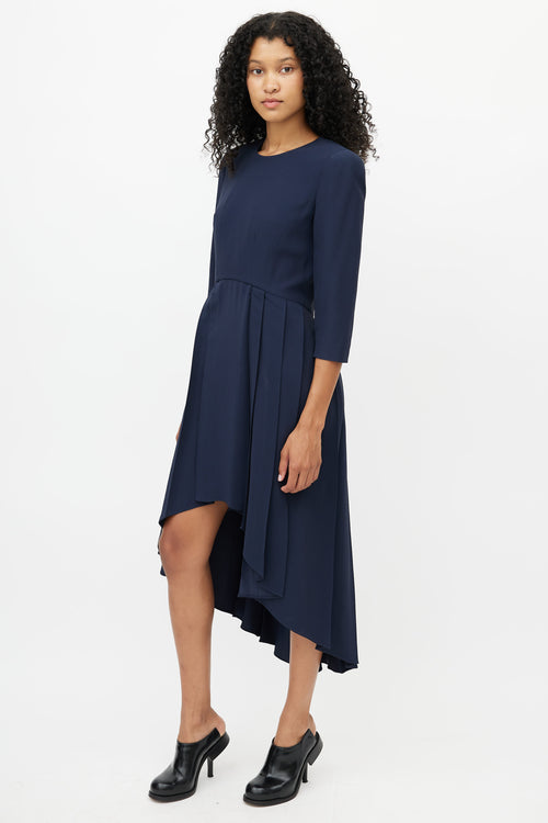 Alexander McQueen Navy Pleated Hi-Low Dress