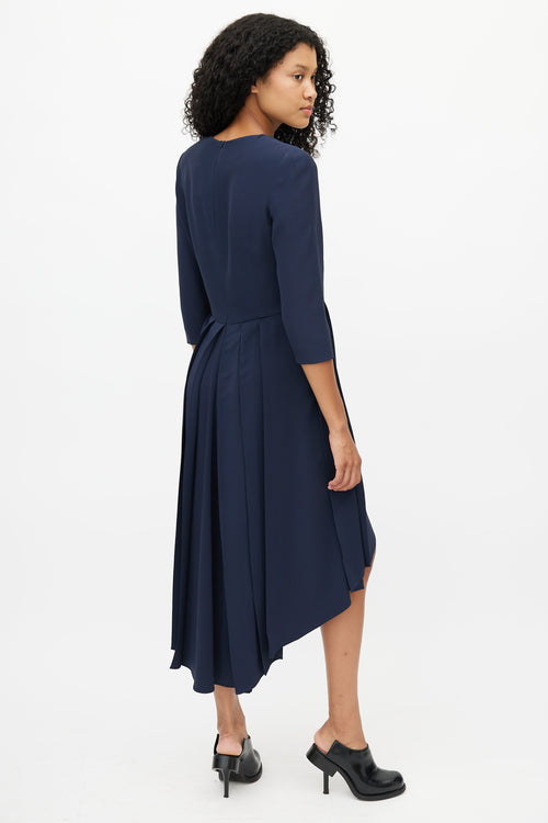 Alexander McQueen Navy Pleated Hi-Low Dress