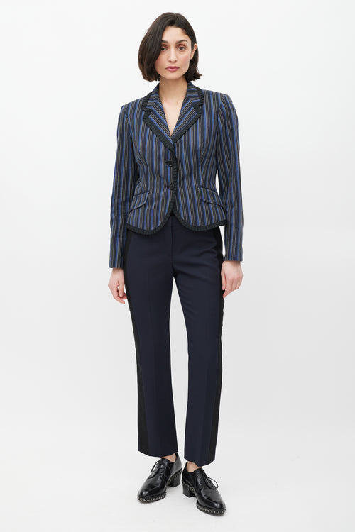 Alexander McQueen Navy 
White Striped Ruffled Blazer