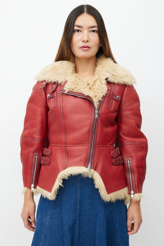 Alexander McQueen Red Leather 
Shearling Biker Jacket