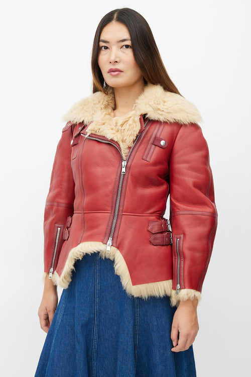 Alexander McQueen Red Leather 
Shearling Biker Jacket