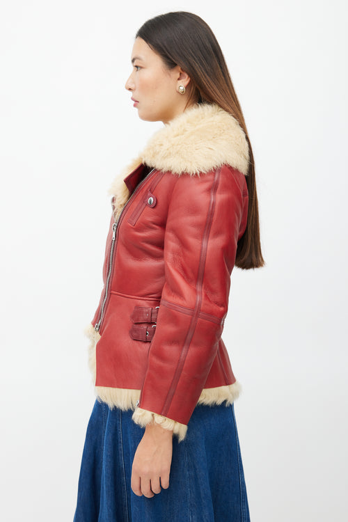 Alexander McQueen Red Leather 
Shearling Biker Jacket