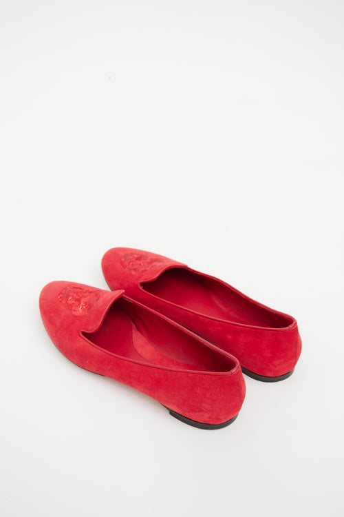 Alexander McQueen Red Suede Sequin Skull Flat