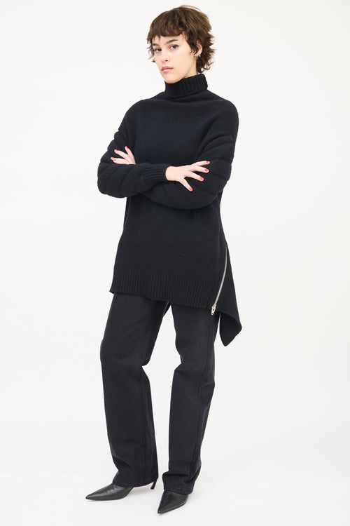 Alexander Wang Black Wool Zip Flounce Turtleneck Sweater