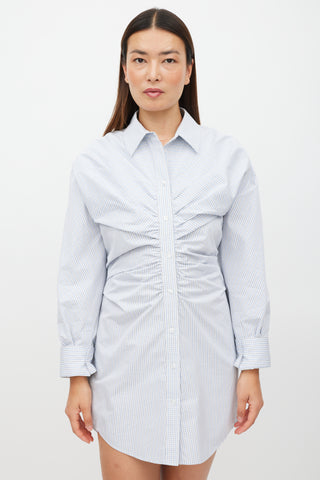 Alexander Wang White 
Blue Plaid Gathered Shirt Dress