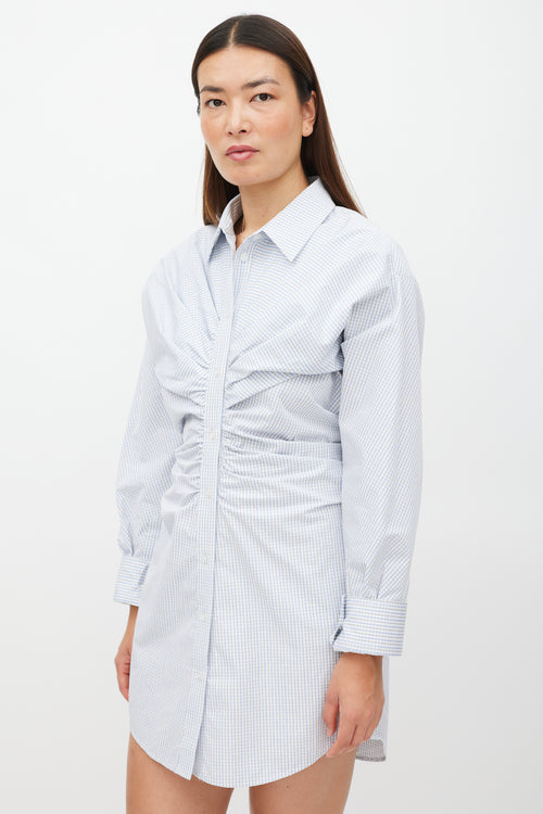 Alexander Wang White 
Blue Plaid Gathered Shirt Dress