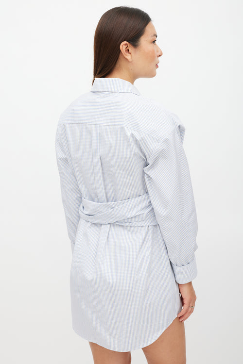 Alexander Wang White 
Blue Plaid Gathered Shirt Dress