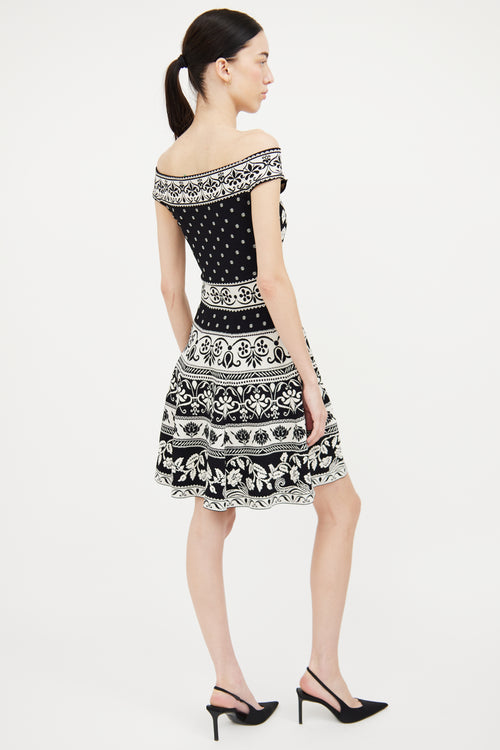 Alexander McQueen Black 
White Off Shoulder Knit Dress