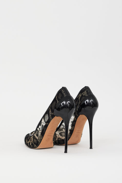 Alexander McQueen Black Lace Mesh 
Patent Leather Heel