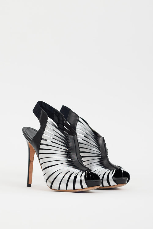 Alexander McQueen Silver 
Black Leather Cutout Heel