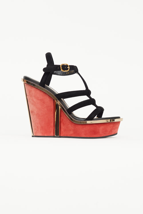 Alexander McQueen Black 
Red Suede Caged Wedge