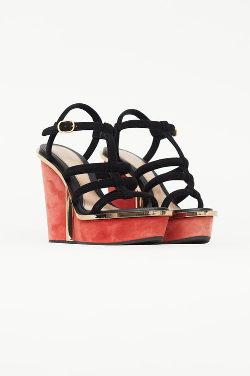 Alexander McQueen Black 
Red Suede Caged Wedge