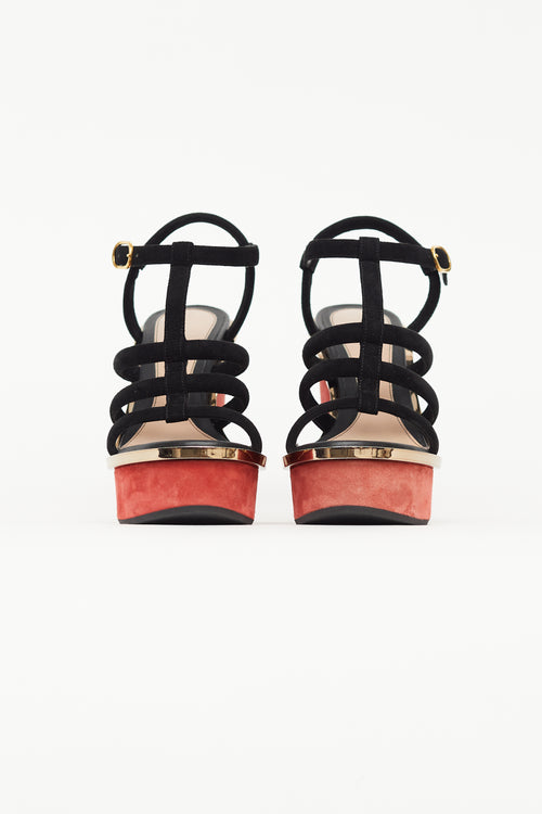 Alexander McQueen Black 
Red Suede Caged Wedge