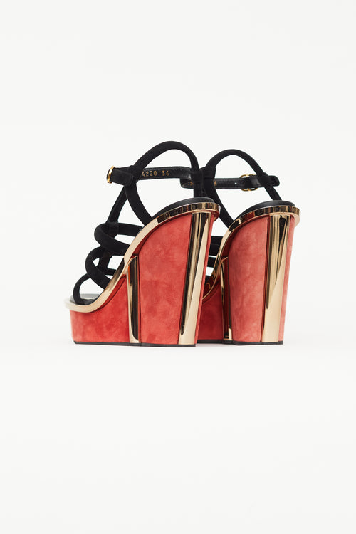 Alexander McQueen Black 
Red Suede Caged Wedge