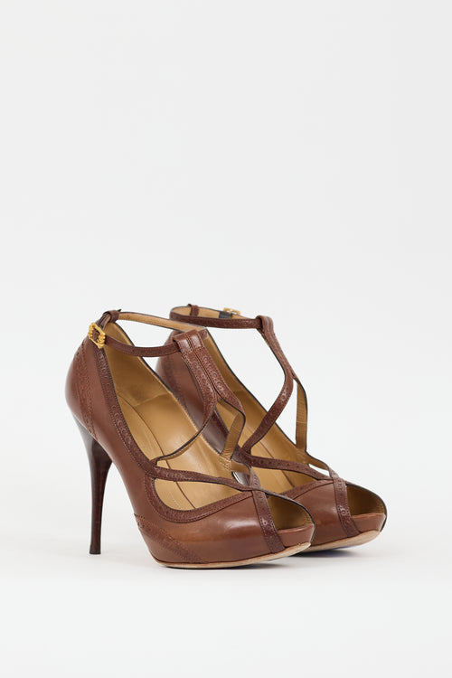 Alexander McQueen Brown Leather Trimmed Strap Heel