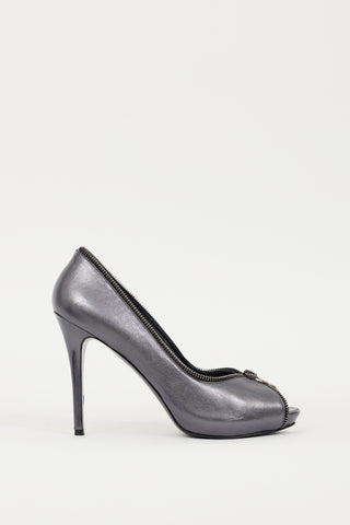 Alexander McQueen Grey Metallic Leather Skull Zipper Heel