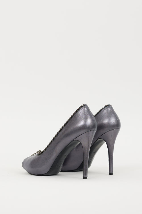 Alexander McQueen Grey Metallic Leather Skull Zipper Heel