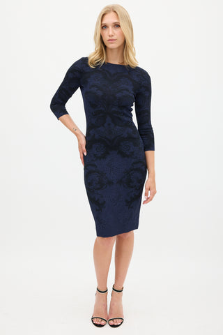 Alexander McQueen Navy 
Black Ornate Intarsia Lace Midi Dress