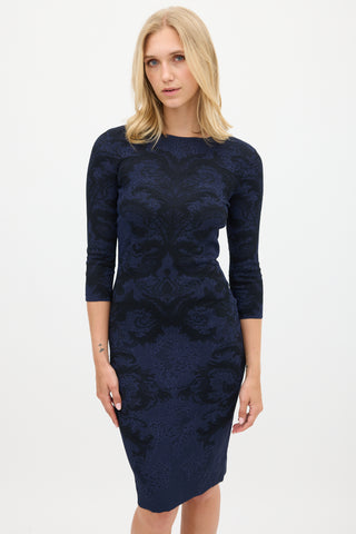 Alexander McQueen Navy 
Black Ornate Intarsia Lace Midi Dress