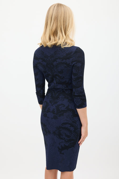 Alexander McQueen Navy 
Black Ornate Intarsia Lace Midi Dress