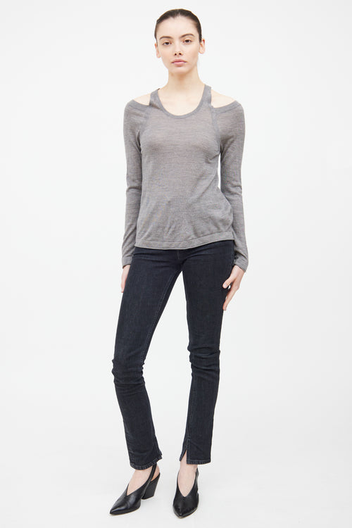 T by Alexander Wang Grey Knit Cold Shoulder Top