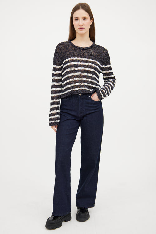 T by Alexander Wang Navy 
White Woven Striped Sweater