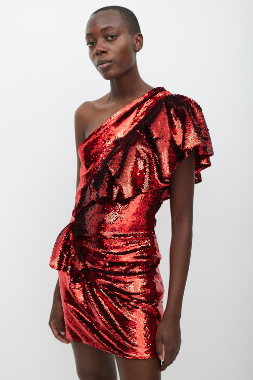 Alexandre Vauthier Red One Shoulder Gathered Sequin Dress