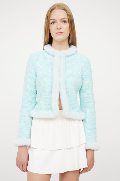 Alice + Olivia Blue Green Knit Faux Fur Trim Jacket