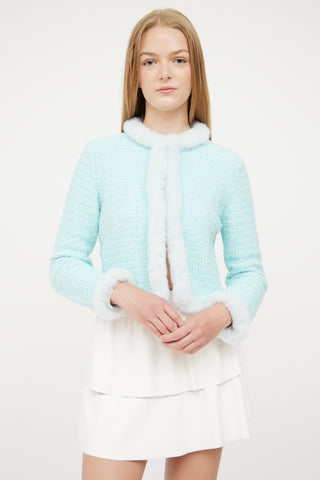 Alice + Olivia Blue Green Knit Faux Fur Trim Jacket