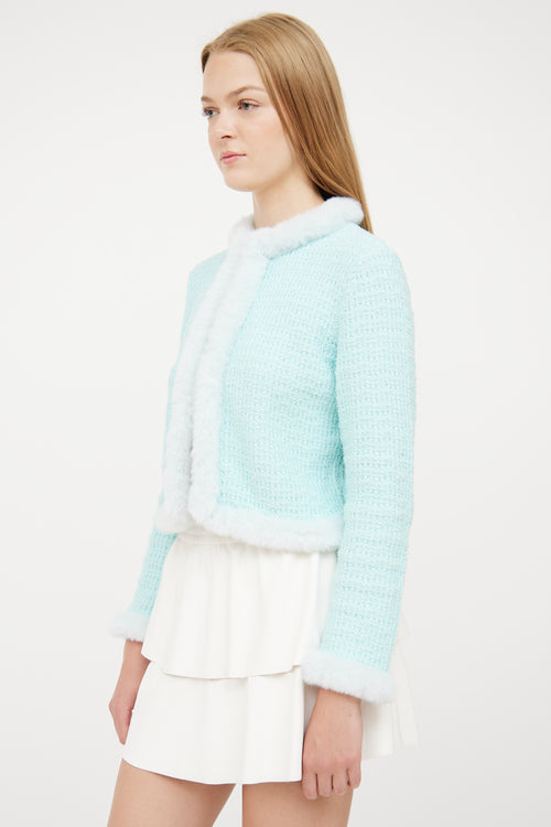 Alice + Olivia Blue Green Knit Faux Fur Trim Jacket