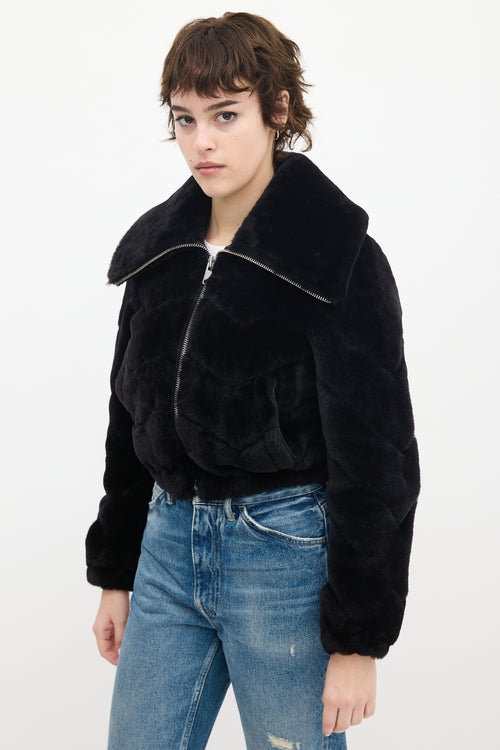 All Saints Black Faux Fur Adley Chevron Cropped Jacket