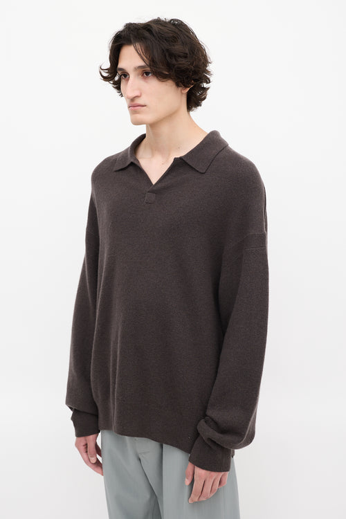 All Saints Dark Brown Wool Anson Polo Sweater