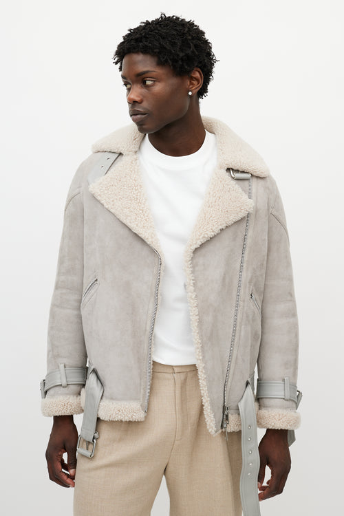 All Saints Grey Suede Shearling Biker Jacket