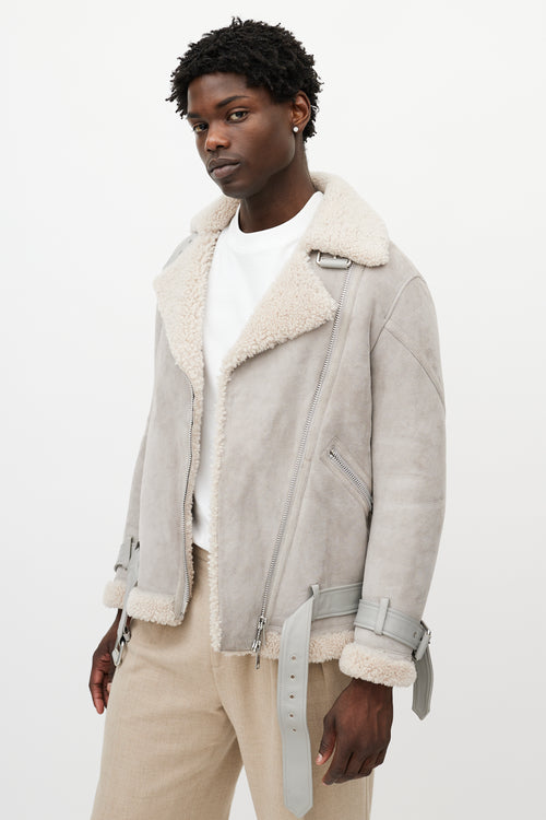 All Saints Grey Suede Shearling Biker Jacket