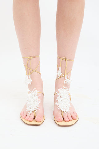 Altuzarra Beige 
White Beaded Fringe Sandal