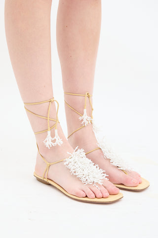 Altuzarra Beige 
White Beaded Fringe Sandal